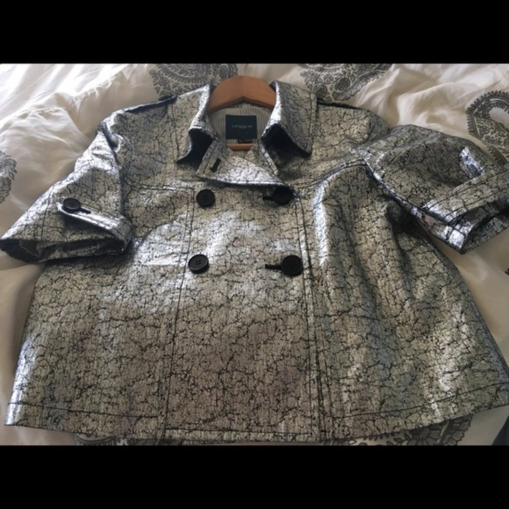 GRYPHON SILVER FOIL BLACK COVERED CROPPED SWING LINEN JACKET Sz M #191 - Picture 4 of 7